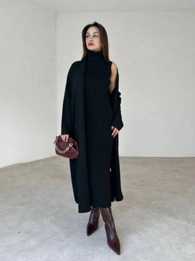 Black Knit Dress With Cardigan