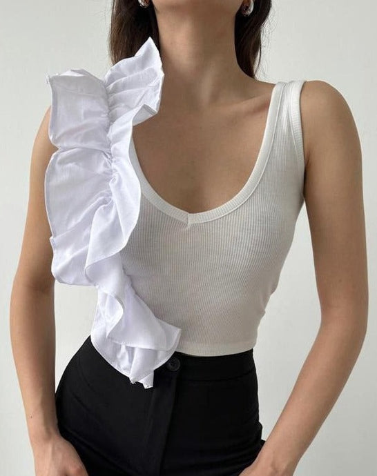 White V-Neck Top With Ruffles - thestyleloftlb