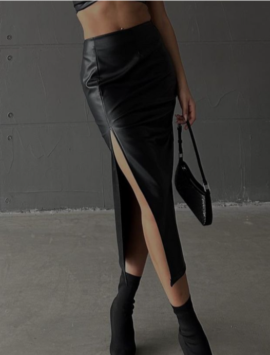 Black Side Slit Leather Skirt - thestyleloftlb